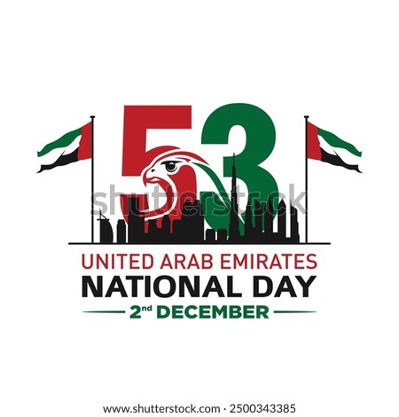 53 National Day of United Arab Emirates. Text Arabic Translation: Our National Day. December 2. UAE map symbol. Vector Logo. Eps 08.