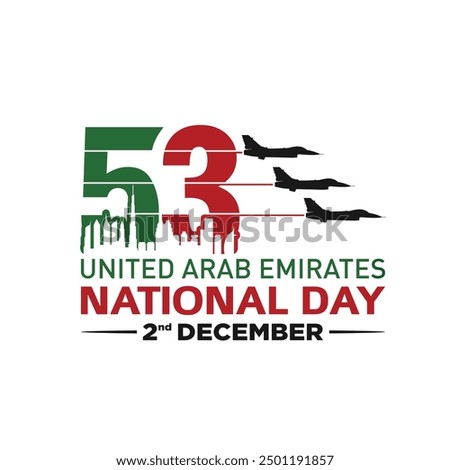 53 National Day of United Arab Emirates. Text Arabic Translation: Our National Day. December 2. UAE map symbol. Vector Logo. Eps 08.