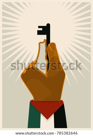 Vintage poster of hand with key and symbol of Palestine map. Flag of Palestine. Propaganda vector poster. eps 08.