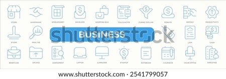 Business icon collection set. Containing design Calculator,Funnel dollar,Donate,Deposit,Productivity