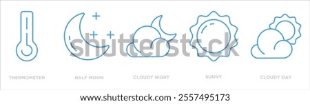 weather icon collection set. Containing design thermometer,half moon,cloudy night,sunny,cloudy day