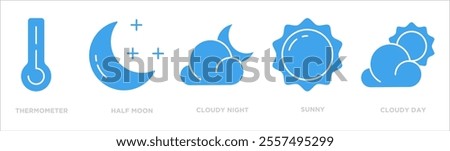 weather icon collection set. Containing design thermometer,half moon,cloudy night,sunny,cloudy day