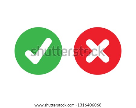 Tick and cross signs. Green checkmark OK and red X icons, Simple marks graphic design. Circle symbols YES and NO button for vote, Check box list icons. Check marks vector