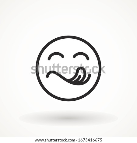 Yummy smile emoticon with tongue lick mouth icon. Tasty food eating emoji face. Delicious cartoon with saliva drops on white background. Smile face line design. Savory gourmet. Yummy vector