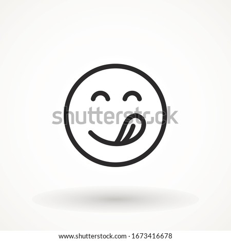 Yummy smile emoticon with tongue lick mouth icon. Tasty food eating emoji face. Delicious cartoon with saliva drops on white background. Smile face line design. Savory gourmet. Yummy vector