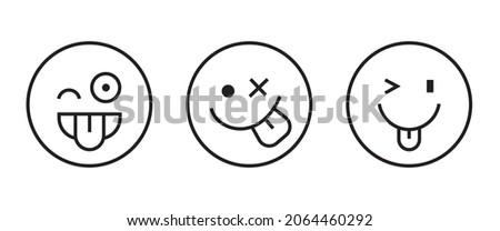 Winking face with tongue icon. Vector joking winky emoticon. Funny joke. Winking tease smile yellow button, vector, sign, symbol, logo, illustration, editable stroke, flat design style isolated on whi