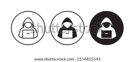 Computer hacker with laptop icon, Spy agent searching sign, symbol, logo, illustration, editable stroke, flat design style isolated on white