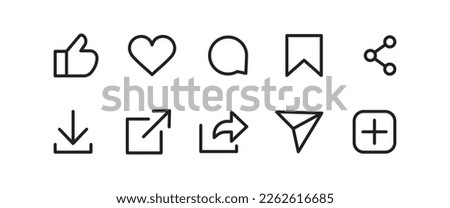 generic social media user interface icons. Like, comment, share save icons. Arrow line flat icons set, editable stroke isolated on white, linear vector outline illustration, symbol logo design style