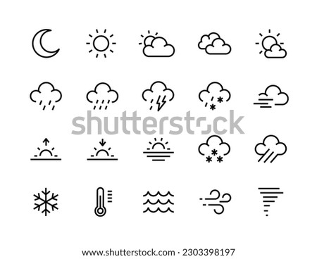 weather icons. Weather line icon set. Sun, rain, thunder storm, dew, wind, snow cloud, sky, clouds, snowflake, wind, rainbow, moon Editable Stroke vector illustrations. 