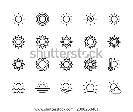 sun icon set, Shining light rays, heat, Summer, sunlight, nature, sky icon vector symbol logo illustration line editable stroke flat design style isolated on white