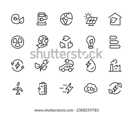 electric power clean energy green. icons CO2, solar geothermal wind energy, hydropower net zero, co2 eco, biofuel biomass, Friendly Power ecological environmental line editable stroke icon set vector