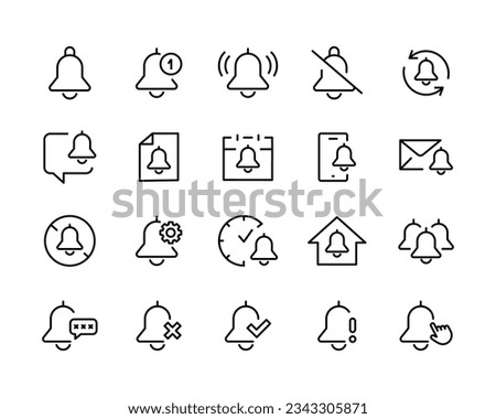 bell icon set Notification. Mute, Notice, Notification Alert notification. Alarm notice sign. Sipmle ring new message or subscription line icons set, editable stroke isolated on white, linear vector