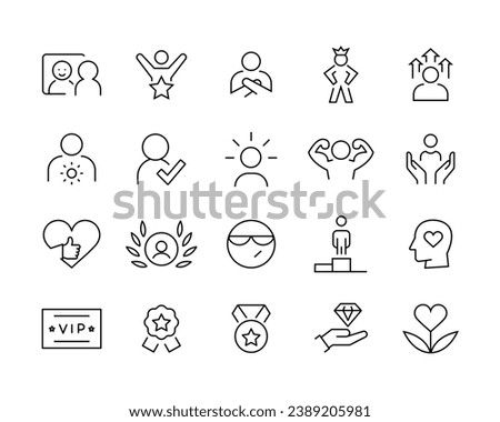 Self-esteem line icon set. Self-acceptance, Self-respect, Self-development. Affirmations Glyph icons set, editable stroke isolated on white, linear vector outline illustration, symbol logo design