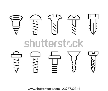 Metal Construction Hardware icon set.bolts, nuts, screws, lock washer, pvc dowel, pipe clamp, roofing screw, steel tools line icons set, editable stroke isolated on white, linear vector outline 