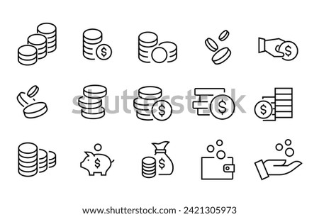 Coins and Dollar sign icon set. Money currency Payment , Business finance line icons set, editable stroke isolated on white, linear vector outline illustration, symbol logo design style
