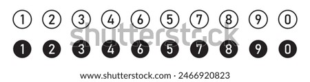 Bullet Point, Circle Number font icon . Typography Set of Round 1-9 Numbers. Numeral typographic line and flat icons set, editable stroke isolated on white, linear vector outline illustration, symbol 