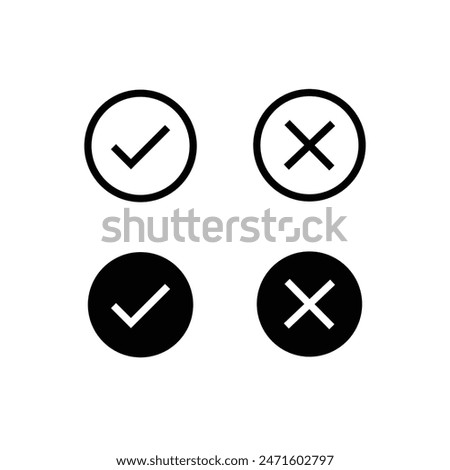 Tick, cross signs. checkmark OK red X, marks Circle symbols YES NO button for vote, Check box list. Check marks line icons set, editable stroke isolated on white, linear and flat design