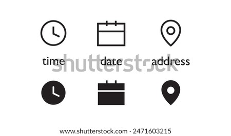 Date, Time, Address or Place Location, hour line icons set, editable stroke isolated on white, linear vector outline illustration, symbol logo design style