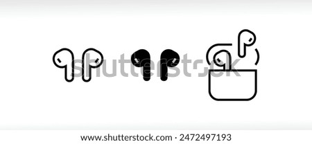 Earphones wireless headphones icon set Wireless AirPods 2 headphone line and flat icons set, editable stroke isolated on white, linear vector outline illustration, symbol logo design style