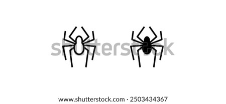 Spider Black Widow. Black bug spider silhouette, isolated white background. Scary Halloween icon, symbol horror, animal arachnid, creepy dangerous insect, arachnophobia fear.