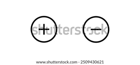 Round plus and minus icons set with different thicknesses line and flat icons set, editable stroke isolated on white, linear vector outline illustration, symbol logo design style