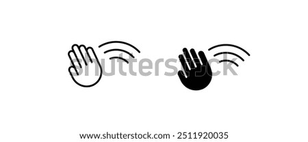 greeting or goodbye. Human waving palm Hand wave icon, motion sensor Waving hi or hello, bye line and flat icons set, editable stroke isolated on white, linear vector outline illustration, symbol logo