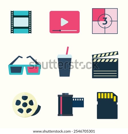 Video icon set. Containing camera, play, pause, media, online video, live, production, player, movie and cinema icons. Solid icon collection.