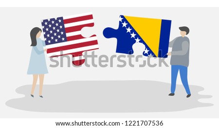 Couple holding puzzle pieces with American and Bosnian flags. United States of America and Bosnia and Herzegovina together.