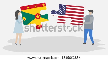 Couple holding two puzzles pieces with Grenadian and American flags. Grenada and United States of America national symbols together.