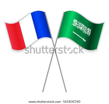 French and Saudi Arabian crossed flags. France combined with Saudi Arabia isolated on white. Language learning, international business or travel concept.