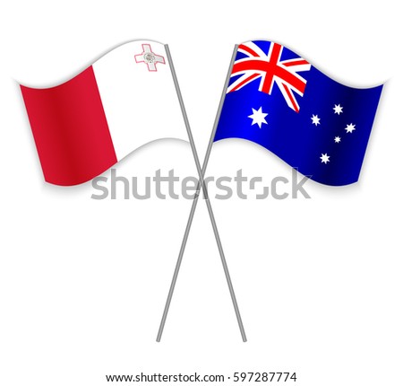 Maltese and Australian crossed flags. Malta combined with Australia isolated on white. Language learning, international business or travel concept.