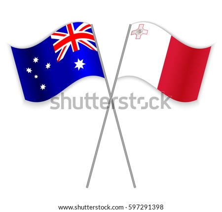 Australian and Maltese crossed flags. Australia combined with Malta isolated on white. Language learning, international business or travel concept.