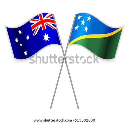 Australian and Solomon Island crossed flags. Australia combined with Solomon Islands isolated on white. Language learning, international business or travel concept.