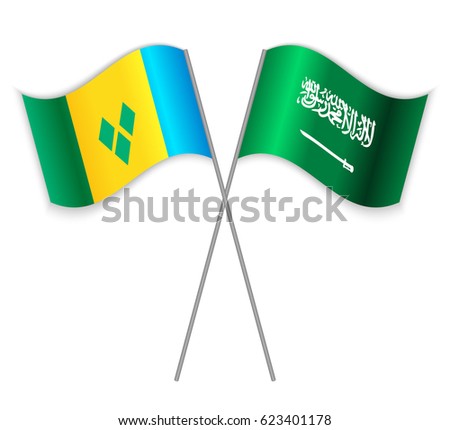Vincentian and Saudi Arabian crossed flags. Saint Vincent and the Grenadines combined with Saudi Arabia isolated on white. Language learning, international business or travel concept.