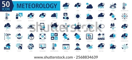 METEOROLOGY ICON SET With windy, storm, cloudy, thunderstorm, rainbow, low temperatures, hot temperature, forecaster, precipitation and low visibility