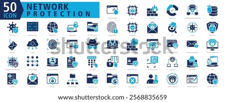 NETWORK PROTECTION ICON SET With Cyber Attack, Bug, Firewall, Captcha, Database Management, Ddos, Antivirus, Binary Code, Browser and Cracking