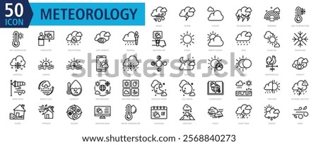 METEOROLOGY ICON SET With windy, storm, cloudy, thunderstorm, rainbow, low temperatures, hot temperature, forecaster, precipitation and low visibility