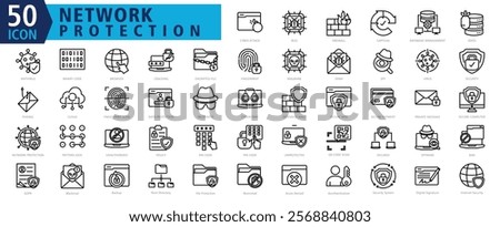 NETWORK PROTECTION ICON SET With Cyber Attack, Bug, Firewall, Captcha, Database Management, Ddos, Antivirus, Binary Code, Browser and Cracking