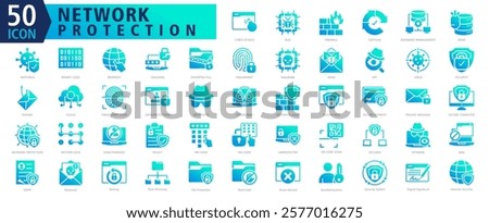 NETWORK PROTECTION ICON SET With Cyber Attack, Bug, Firewall, Captcha, Database Management, Ddos, Antivirus, Binary Code, Browser and Cracking