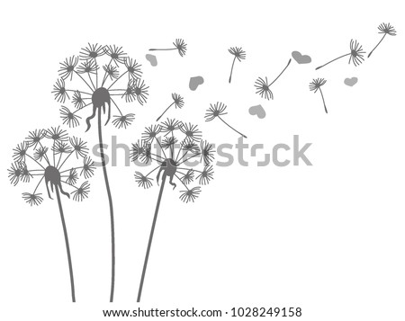 Grey silhouette of a dandelion and hearts on a white background Foto stock © 