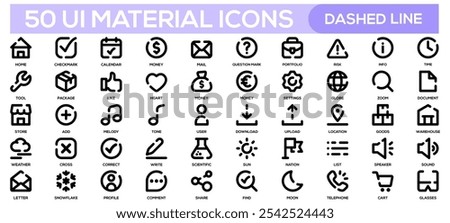 Ui material icon collection set. Containing home,checkmark,money,mail,question mark,info icon. Simple dashed line vector illustration.