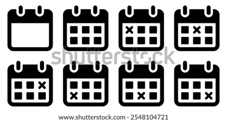 Calendar icon set. Calendar icon with a cross, representing an unfinished and canceled date, schedule, appointment, agenda, or task.