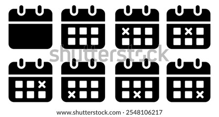 Calendar icon set. Calendar icon with a cross, representing an unfinished and canceled date, schedule, appointment, agenda, or task. Simple solid vector