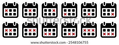 Calendar icon set. Calendar icon with a cross, representing an unfinished and canceled date, schedule, appointment, agenda, or task.