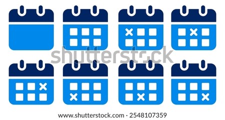 Calendar icon set. Calendar icon with a cross, representing an unfinished and canceled date, schedule, appointment, agenda, or task.Simple flat vector