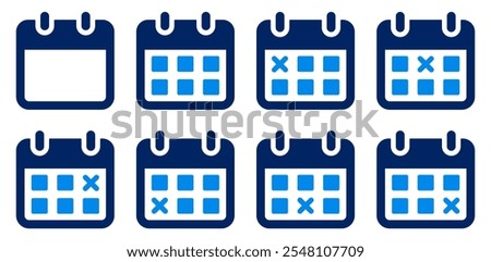 Calendar icon set. Calendar icon with a cross, representing an unfinished and canceled date, schedule, appointment, agenda, or task. 