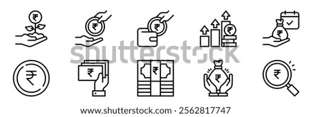 Money savings and finance vector line icons set. Collection of isolated icons such as money, rupee,  coin, hand, banknote, finance and more. Collection of isolated icons related to rupee currency