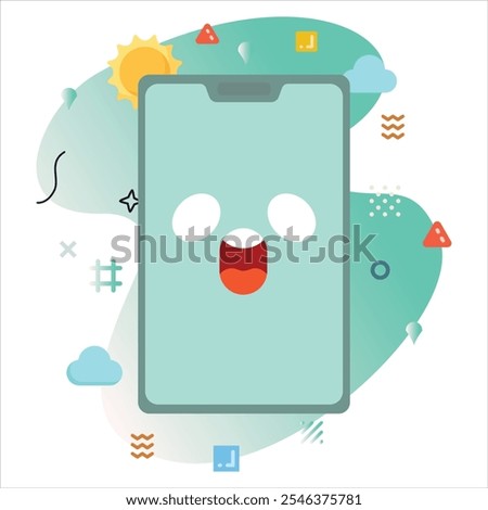 Surprised Bashful Emoji on a Smartphone Screen: Modern Illustration Design with a Creative Touch of Colorful Geometric Elements | Surprised Bashful Emoji Icon Design on Smartphone Screen