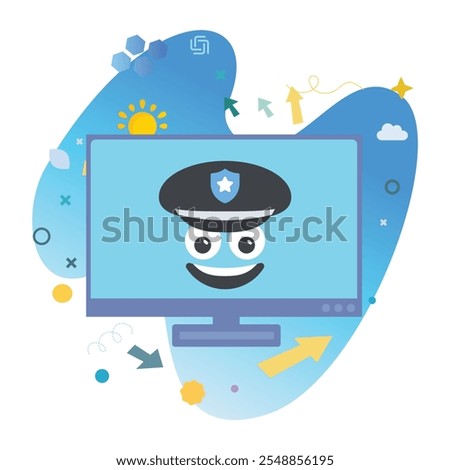 Police Computer Character on Computer Monitor Screen - Perfect Vector Illustration for Fun and Cheerful Designs | Police Icon Design on Computer Monitor Screen