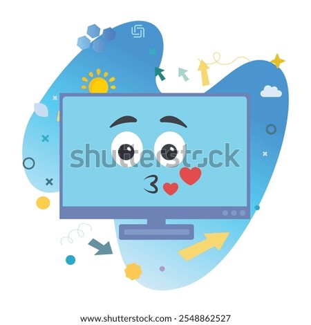 Blowing Kiss Computer Character on Computer Monitor Screen - Perfect Vector Illustration for Fun and Cheerful Designs | Blowing Kiss Icon Design on Computer Monitor Screen